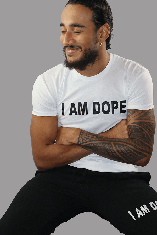 I Am Dope, White Tee, Black Logo Print