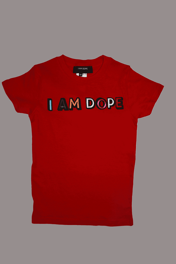 I Am Dope Stylish Unisex Tee. Children, Red Tee. Multi Color Letters
