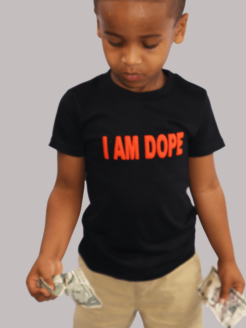 Comfortable, Fashionable, Designer I Am Dope "Classic" Black Children/Kids T-shirt With Orange Puff Print Logo