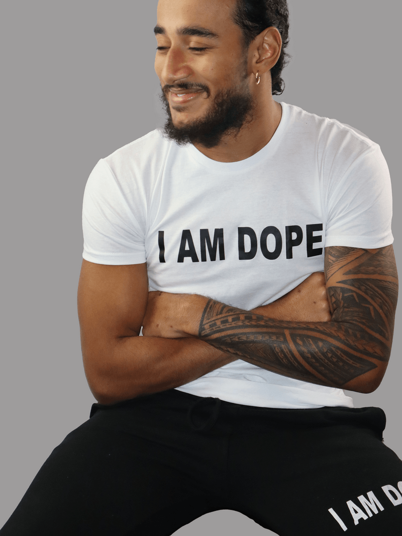 I Am Dope, White Tee, Black Logo Print