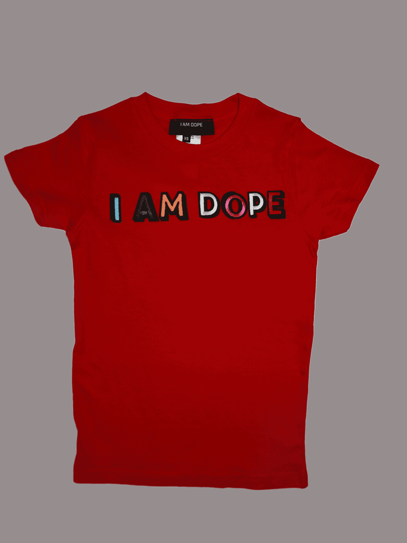 I Am Dope Stylish Unisex Tee. Children, Red Tee. Multi Color Letters